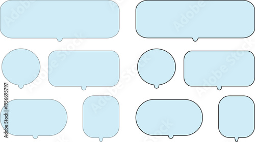 Collection of various light blue speech and thought bubbles on transparent background..A versatile collection of ten bright sky blue speech bubbles in various shapes, including rounded rectangles,.