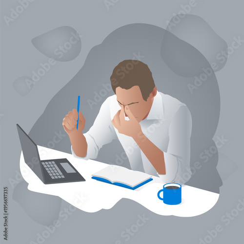 illustration2Stressed businessman sitting at desk with laptop, feeling tired and overwhelmed at work
