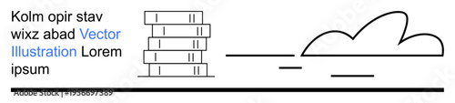 Education, learning, minimalism, outdoors, creativity, knowledge sharing. Stacked books next to a cloud outline. Education and learning concept with simple line art