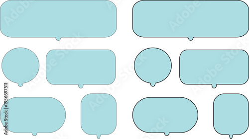 Collection of various light blue speech and thought bubbles on transparent background..A versatile collection of ten bright sky blue speech bubbles in various shapes, including rounded rectangles,.