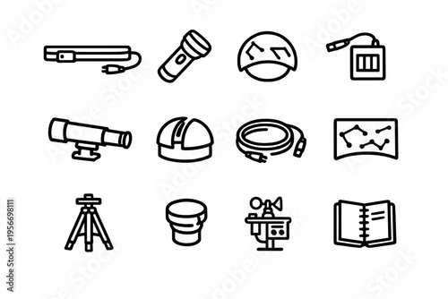 Astronomy and stargazing equipment line icon set featuring telescope observatory tripod star map flashlight and scientific tools for space