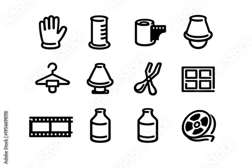 Set of darkroom photography equipment icons including film rolls chemical bottles tongs and safelights for analog photo processing