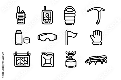 Mountain climbing and hiking equipment icons including ice axe camping stove gps and walkie talkie for outdoor adventure and trekking