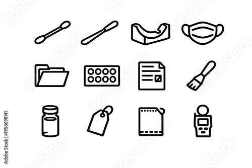 Collection of medical and line icons including face mask medicine bottle folder and cotton swab on white background