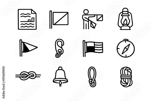 Nautical and maritime line icon set featuring compass rope bell lantern flags and semaphore signals for sailing and marine navigation