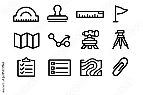 Land surveying and cartography line icon set featuring tools like theodolite tripod ruler protractor map and clipboard for engineering
