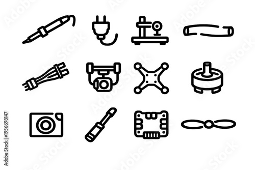 Drone assembly and electronics repair icons set featuring soldering iron motor propeller camera and tools for hobbyist engineering