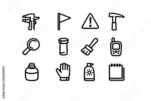 Archaeology and geology field research equipment icons set featuring pickaxe magnifying glass brush and walkie talkie