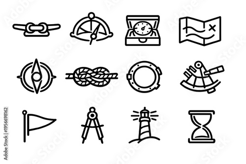 Nautical and maritime navigation icons including compass lighthouse map sextant and knot symbols for marine travel and sea exploration