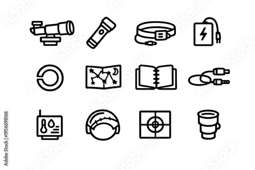 Astronomy and stargazing equipment line icon set featuring telescope star map flashlight and observation tools for amateur astronomers