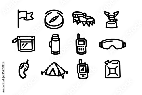 Outdoor camping and hiking equipment icons set featuring tent compass stove and navigation tools on white background