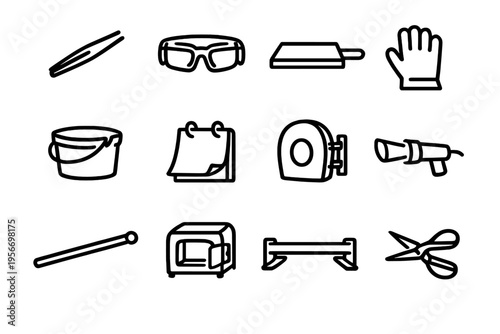 Set of minimalist black line icons featuring household tools and equipment including scissors goggles bucket and microwave oven