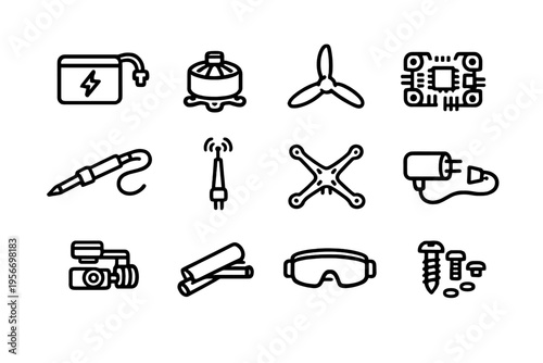 Drone parts and FPV racing equipment icons including battery motor propeller flight controller antenna frame charger camera and goggles