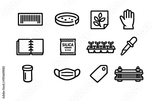 Botany and herbarium equipment icons including flower press petri dish silica gel and plant specimens on white background