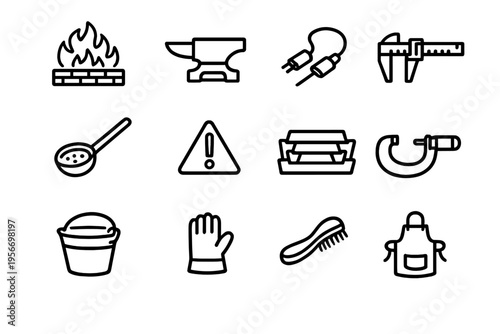 Blacksmith and metalworking tools set including anvil furnace calipers ladle and safety equipment for industrial foundry work