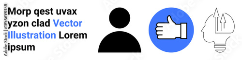 Teamwork, decision-making, feedback, innovation, problem-solving, encouragement. Black person icon, thumbs-up gesture in blue circle lightbulb head symbol with arrows. Feedback and innovation
