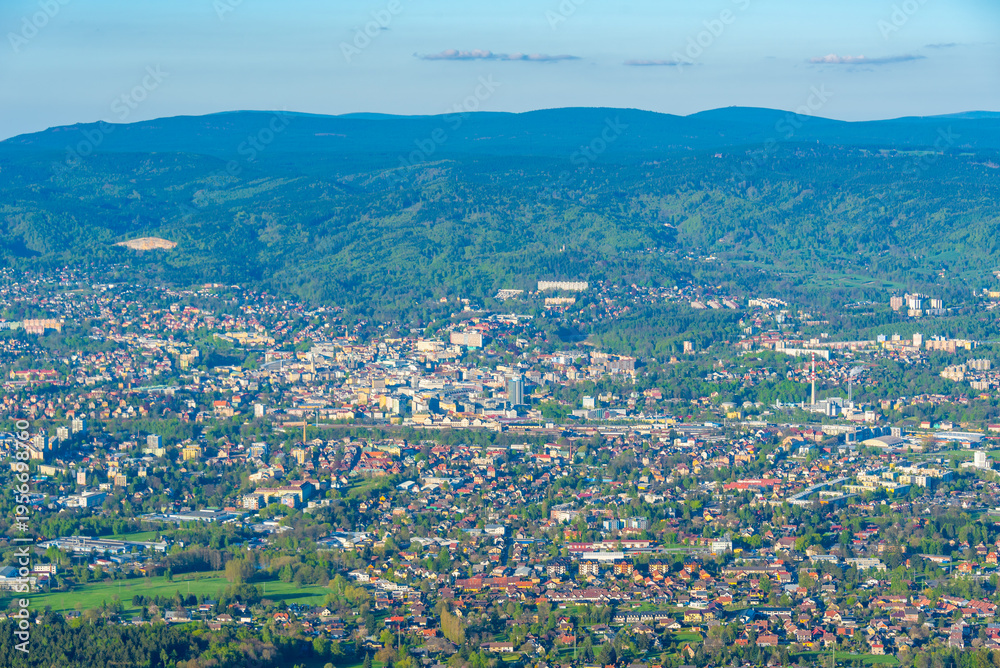 Fototapeta premium Panorama view of Liberec from jested hill in Czech republic