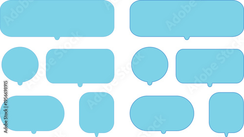 Collection of various light blue speech and thought bubbles on transparent background..A versatile collection of ten bright sky blue speech bubbles in various shapes, including rounded rectangles,.