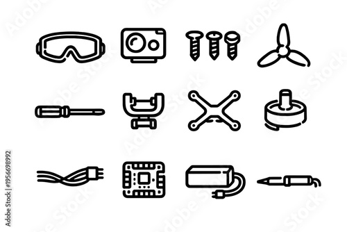 Drone repair and maintenance tools set including soldering iron propeller battery and camera icons for hobbyist electronics assembly