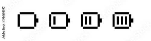 Pixel battery level icons set, 8-bit charge indicator symbols, retro blocky power status UI icons, Vector illustration
