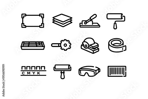 Collection of professional printing and graphic design industry line icons featuring crop marks layers paper cutter stapler and CMYK bars