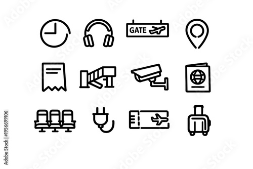 Airport and travel line icons including passport suitcase boarding pass security camera clock and headphones for tourism and vacation design