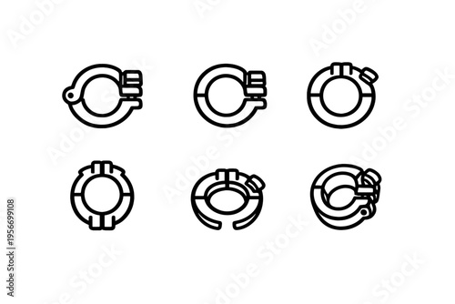 Set of industrial sanitary tri-clamp pipe fitting icons for plumbing and manufacturing equipment on white background