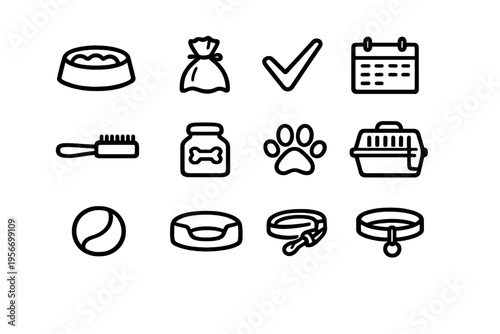 Set of pet care and domestic animal supply icons including food bowl leash collar and bed on white background