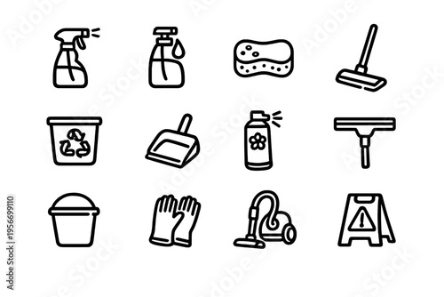 Set of cleaning service icons including spray bottle mop vacuum cleaner bucket gloves and recycling bin for household chores and hygiene