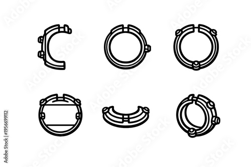 Set of black and white line art icons showing a circular mechanical component or watch case from multiple perspectives on a white background