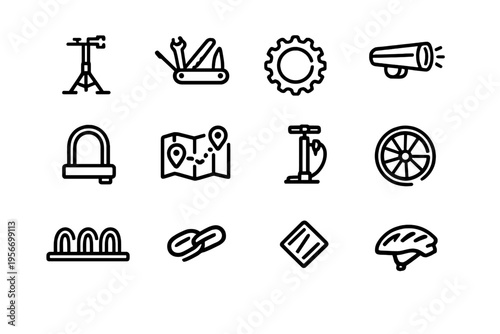 Set of bicycle maintenance and cycling equipment line icons including tools lock pump helmet and map for outdoor sports activities