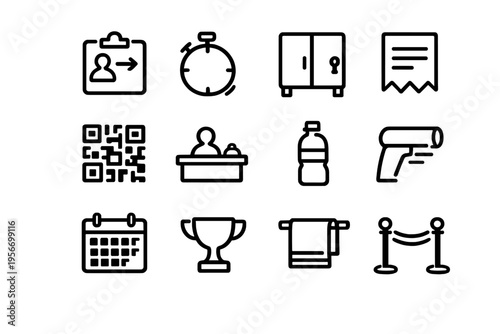Set of black line icons for gym management and fitness center services including locker room and reception desk symbols