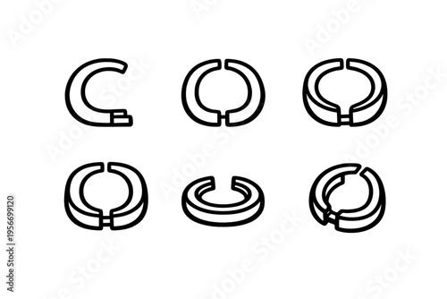Set of isometric split ring icons with black outlines on white background for technical design and jewelry making concepts