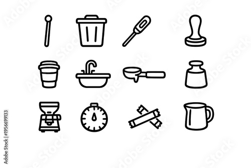 Set of coffee shop and barista equipment icons including tamper portafilter grinder milk pitcher and timer on white background