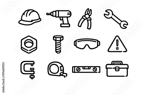 Collection of construction and DIY tool icons including hard hat drill wrench pliers and safety equipment on white background
