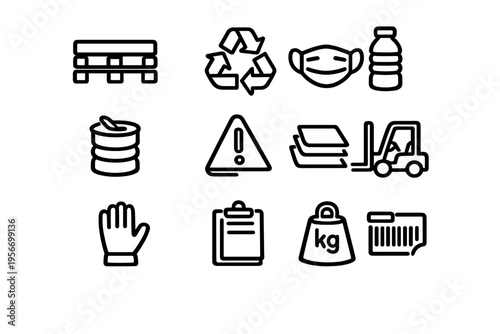 Warehouse logistics icons for supply chain management with recycling and safety symbols