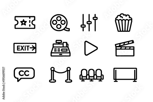 Cinema and movie theater line icon set featuring ticket popcorn film reel clapperboard and theater seating elements