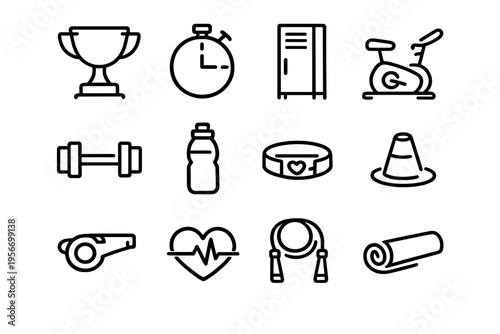 Set of fitness and gym equipment line icons including dumbbell stopwatch exercise bike trophy and yoga mat for sports training