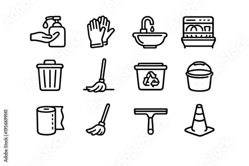 Cleaning and hygiene line icons featuring soap dispenser gloves sink dishwasher trash can mop recycling bin bucket paper towel and cone