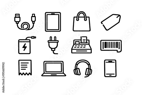 Collection of electronic commerce and technology line icons including laptop smartphone shopping bag and payment symbols on white background