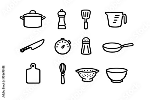 Minimalist black line icons of kitchen tools and cookware including pot knife whisk and cutting board on white background