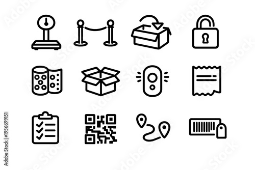 Logistics and shipping line icon set featuring delivery box barcode qr code scale and security lock elements for warehouse management