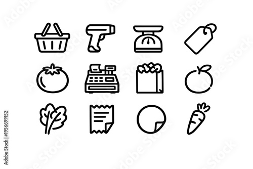 Minimalist grocery store and supermarket line icon set featuring shopping basket barcode scanner cash register and fresh produce