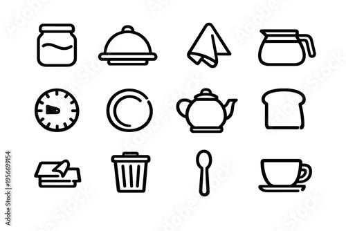 Minimalist kitchen and dining line icon set featuring teapot coffee cup plate spoon bread slice and cooking tools on white background