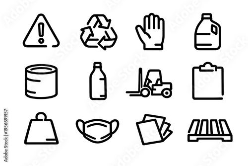Industrial warehouse and logistics line icon set featuring recycling symbol forklift safety mask and storage equipment on white background