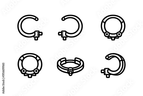 Set of industrial metal pipe clamps and C-clamp icons for construction and plumbing hardware design isolated on white background