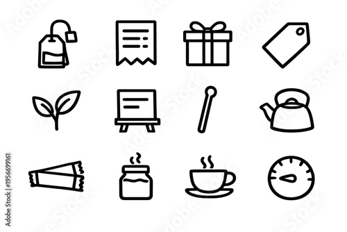 Minimalist black line icons set featuring tea bag receipt gift tag leaves chalkboard kettle sugar jar cup and timer on white background