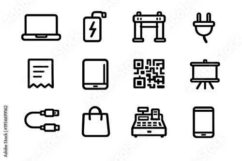 Set of minimalist black line icons for technology business and retail shopping including laptop smartphone cash register and qr code