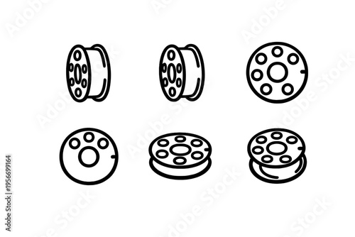 Set of sewing machine bobbin icons in various perspectives and angles for tailoring and dressmaking projects