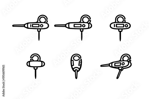 Set of digital food thermometer icons with probe and hook for kitchen cooking and meat temperature measurement isolated on white background